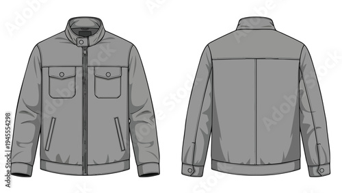 Technical illustration of a contemporary men's casual jacket design presented in a sleek monochromatic scheme showing both front and back views for
