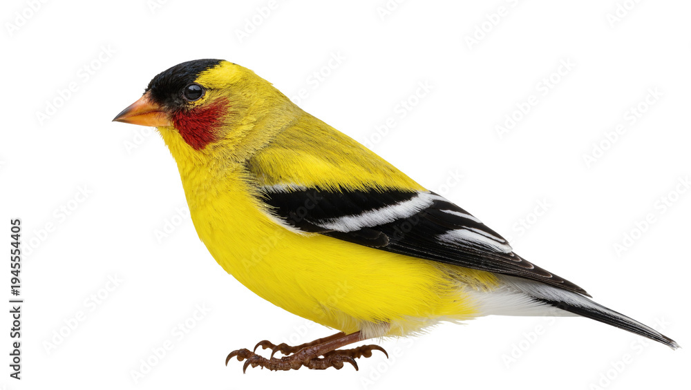 Obraz premium Isolated American Goldfinch bird, male in bright yellow and black plumage, standing gracefully
