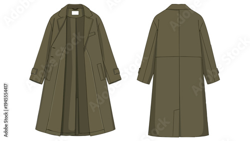 Stylish earth-toned long coat design template with front and back views for fashion apparel illustration