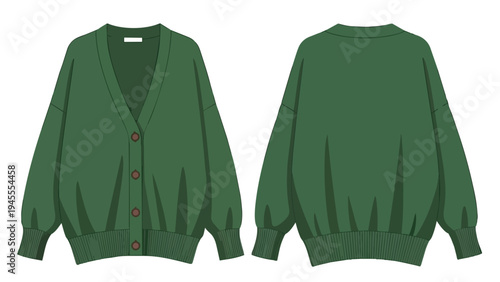Professional flat technical illustration of a stylish oversized forest green V-neck button-up cardigan, showing its front and back views for modern