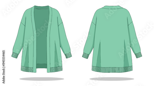 Detailed technical drawing showcasing a stylish open-front long-sleeved casual cardigan in a serene pastel green shade, perfect for fashion design