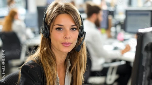 A cheerful customer service representative engages with clients using a headset, displaying excellent communication skills in a dynamic office environment during working hours.