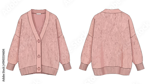 Fashion illustration of a pink v-neck cardigan with button front and ribbed details front and back views