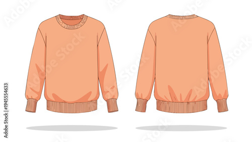A clean peach crewneck sweater blueprint showcasing versatile casual apparel design with both front and rear perspectives for fashion illustration