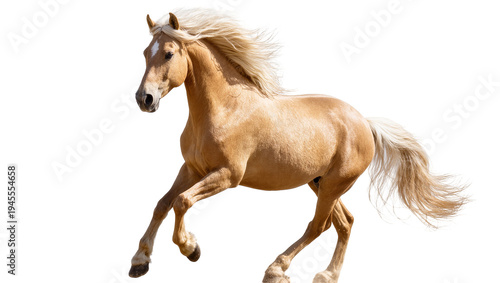 Isolated palomino horse with flowing mane and tail galloping with powerful grace
