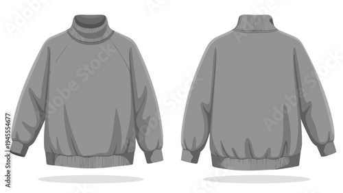 Versatile gray turtleneck sweater flat lay front and back views for fashion design and apparel illustration