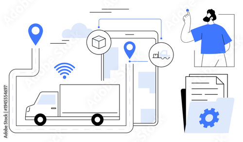 Logistics, supply chain, transportation, route optimization, delivery tracking, technology solutions. A truck, GPS markers files and a person tracking data. Logistics and delivery tracking concept