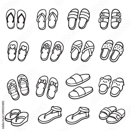 Doodle summer shoes set with sneakers, sandals, clogs, slippers, flip-flops
