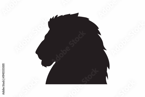 Lion head silhouette - majesty, strength, courage, a bold black silhouette of a lion's head in profile, showcasing a majestic mane, graphic evokes themes of power, leadership, courage, and royalty