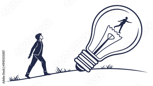 Man walking towards giant light bulb with person inside - idea, innovation, creativity, symbolizes gaining inspiration, innovation, new ideas, and creative thinking