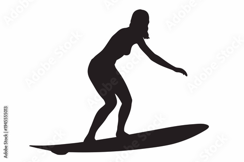 Woman surfing silhouette on board - ocean, summer, extreme sport, a black silhouette of a woman confidently riding a wave on a surfboard