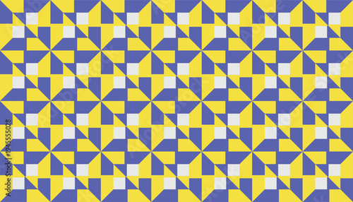 Seamless geometric pattern with blue and yellow pinwheel shapes