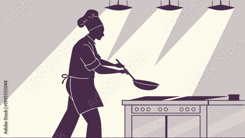 Silhouette of a chef cooking in a kitchen under spotlights, modern restaurant atmosphere illustration, preparing food
