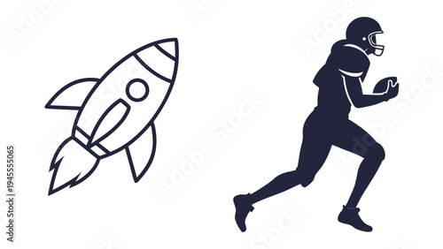 Iconic illustration of a rocket ship next to a silhouette of an american football player, symbolizing launch and competition, team sport