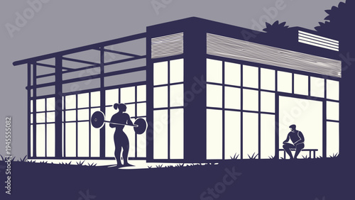 Woman lifting weights outside modern gym building, silhouette, fitness lifestyle concept, represents fitness, health, and modern gym culture