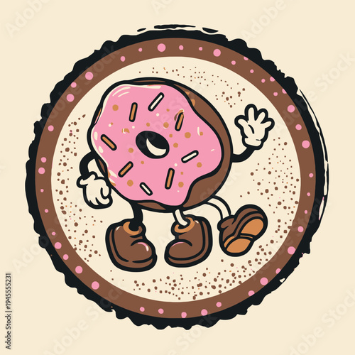 A cartoon donut with a pink frosting and sprinkles
