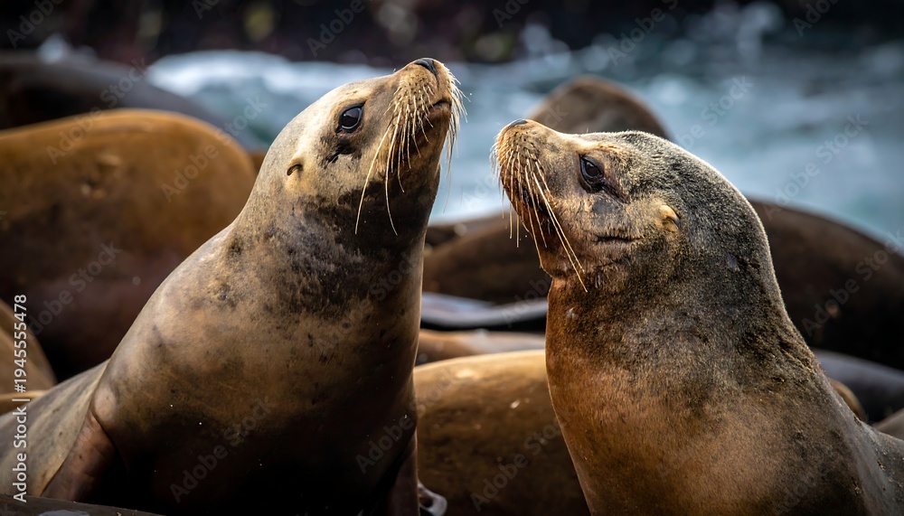 Fototapeta premium Two sea lions looking at each other closely on the rocks.