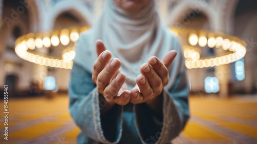 A person stands with hands open, expressing devotion in a mosque with stunning architecture. The warm glow of lights creates a tranquil atmosphere for reflection and faith.