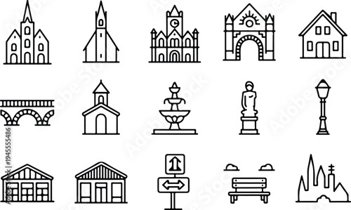 Set of 13 city landmarks icons vector