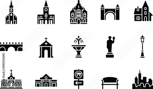 Set of 13 city landmarks icons vector
