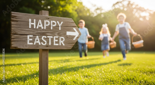Happy Easter wood sign with children running on green grass. Kid, boy, girl with basket run in the park for egg hunt concept.