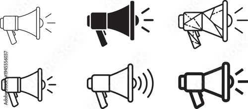 Minimalist thin line vector illustration of six megaphones in various styles, ideal for marketing, communication, and advertising designs with a clean, scalable look.