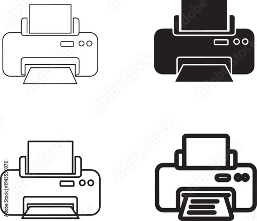 Minimalist thin line vector illustration showcasing six distinct printer types, ideal for office, technology, and design projects with a clean, modern aesthetic.