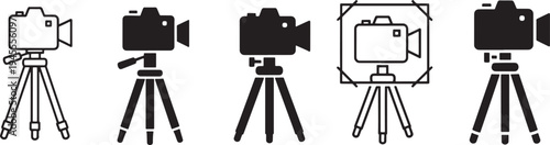 Minimalist thin line vector illustration of various tripod-mounted cameras, ideal for photography, film, and tech-themed designs with a clean, modern aesthetic.