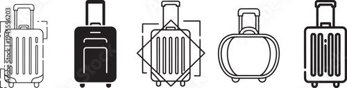 Minimalist thin line vector illustration of five diverse luggage suitcases, perfect for travel, business, or lifestyle designs with a clean, scalable aesthetic.