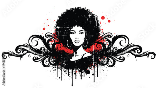 Artistic portrait of a Black woman with an afro is surrounded by elegant black decorative scrolls and red paint splatters.