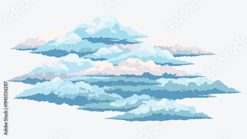 Layered cluster of stylized fluffy clouds is rendered in various shades of blue and white on a light gray background.