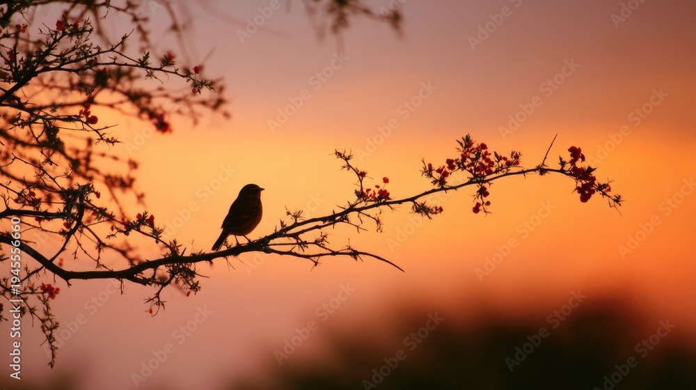 Fototapeta premium Silhouetted Bird Perched on Branch Amidst Vibrant Sunset with Colorful Sky and Blossoming Flowers Creating a Serene Nature Scene