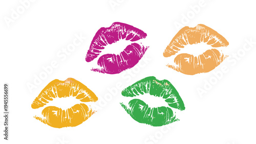 Four vibrant lipstick kiss marks in purple orange yellow and green colors arranged diagonally on a clean white background with a textured finish.
