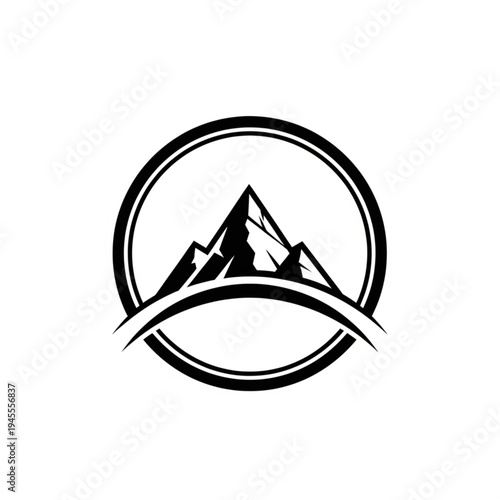 Stylized black and white mountain peak logo inside a circular frame with a curved line underneath.