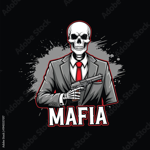 Stylish Skeleton Figure in a Suit with Handgun, Representing an Organized Crime Character