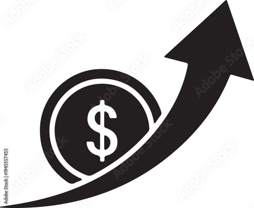 Dollar coin with upward arrow, investment firm logo in silhouette in silhouette..