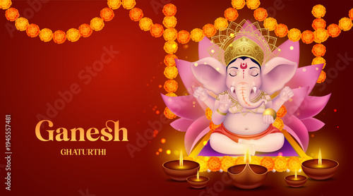 Ganesh Chaturthi Festival Illustration with Lord Ganesha and Lamps