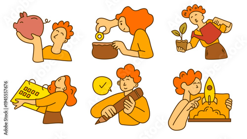 Business strategy and creative thinking concept in brown line art style