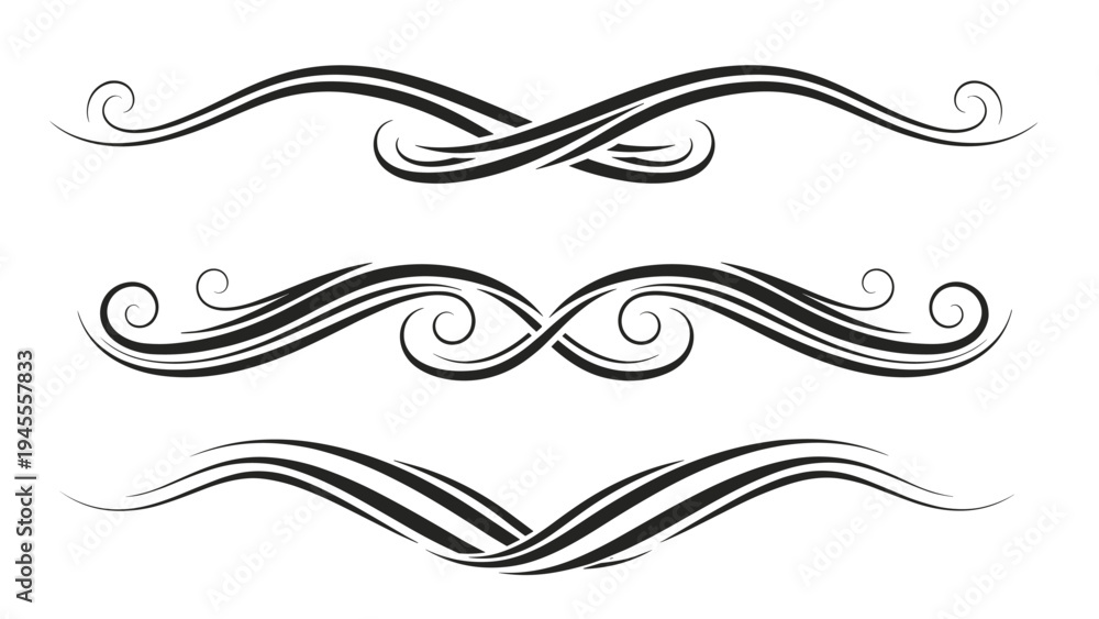 Fototapeta premium Three sets of elegant black decorative flourishes and swirl borders for document headers or invitations on a plain white background.