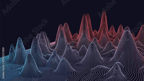 Abstract digital landscape visualization featuring glowing wireframe peaks in a dark blue and red gradient representing data or sound.