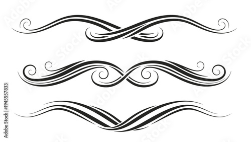 Three sets of elegant black decorative flourishes and swirl borders for document headers or invitations on a plain white background.
