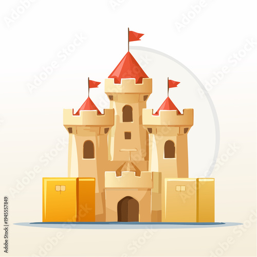 Illustration of a whimsical castle with red flags atop cream turrets