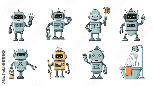 Collection of eight cute blue robot characters performing various daily tasks such as cleaning taking a shower and using a flashlight.