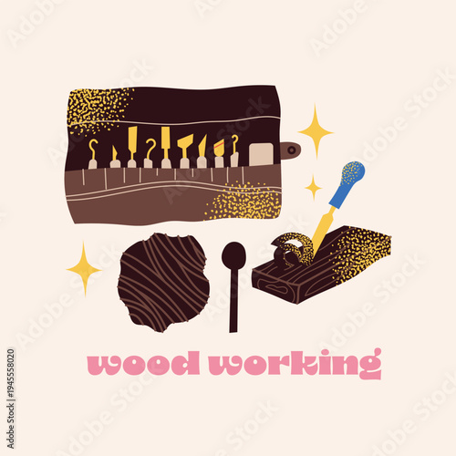 Flat Vector Illustration of Woodworking Tools Set with Woodcarving Chisels in a Tool Roll, Timber Block, and Hand-Carved Wooden Spoon for Carpentry, DIY Crafts, Woodwork Hobbies, and Joinery