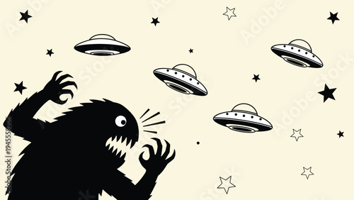 Silhouette of a giant monster roaring at a fleet of flying saucers in a starry night sky during a retro sci-fi invasion.