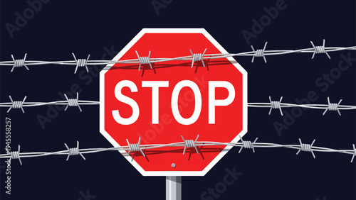 Red stop sign positioned behind multiple strands of metallic barbed wire against a dark background symbolizing restricted access.