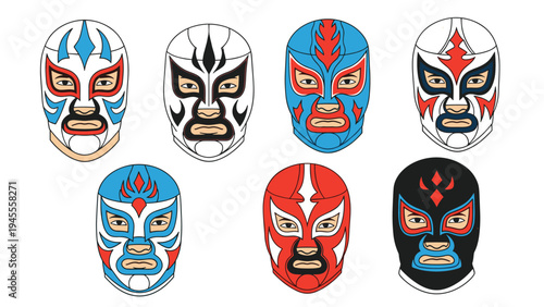 Set of colorful Mexican wrestling masks in various designs including Lucha Libre styles with bold patterns and vibrant colors.