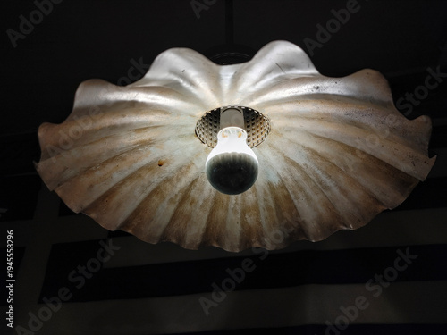 Modern seashell shaped ceiling lamp with glowing bulb in a dark room
