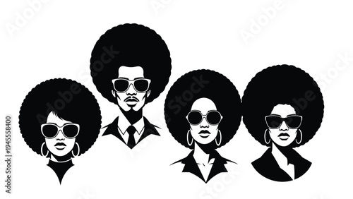 Group of four stylish people silhouettes with large afro hairstyles and cool sunglasses representing retro urban fashion trends.
