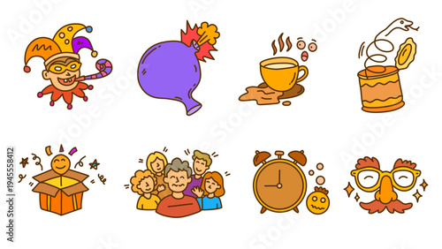 Funny april fools day character and prank objects for celebration design